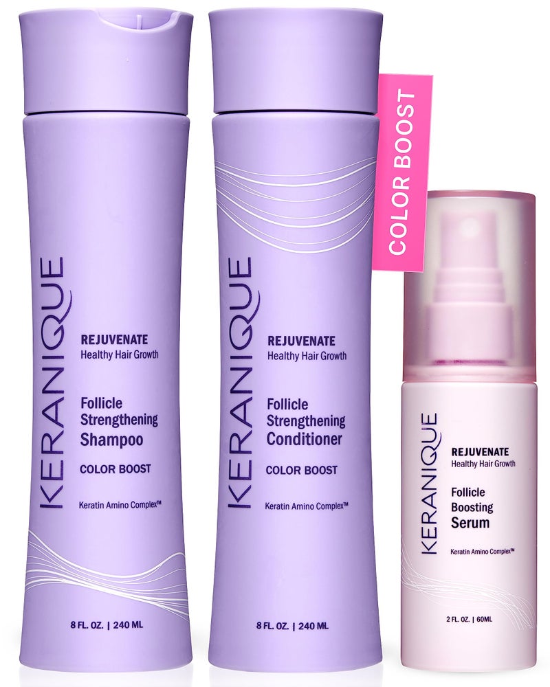 Keranique Color Treated Shampoo and Conditioner Set with Follicle Booster Hair Serum  Keratin Enriched Color Boost Set wShampoo Conditioner  Thickening Spray for Women wFine Thin Colored Hair